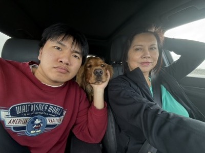 mom, flynn, and i driving back up to stanford
